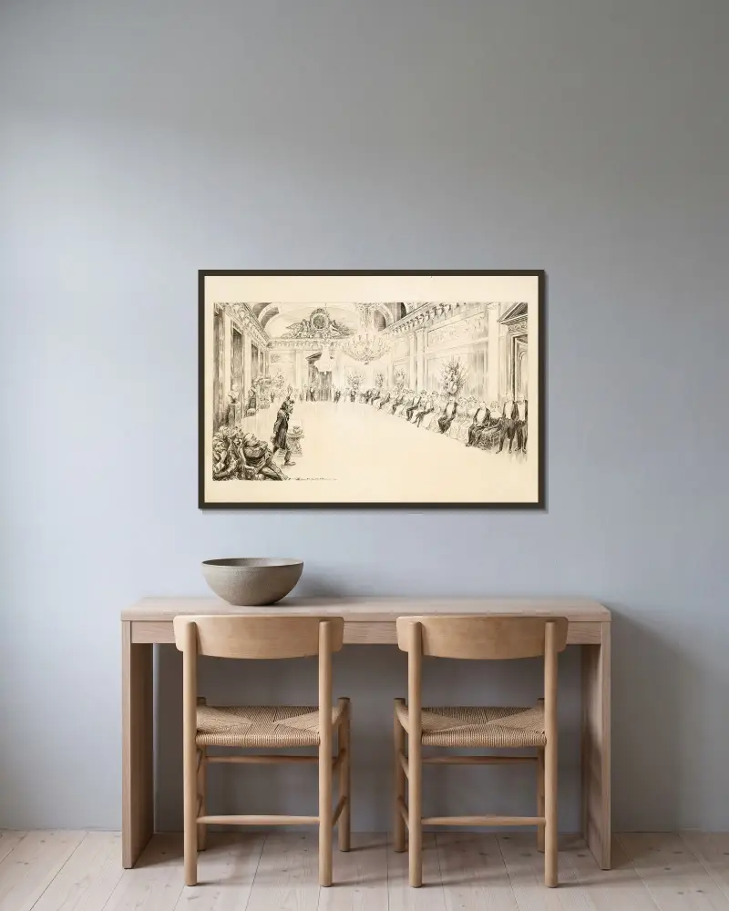 Rozgniewany mężczyzna przemawia do rzędu siedzących zamożnych mężczyzn i kobiet w eleganckiej sali balowej, William Henry Walker w ramie na ścianie