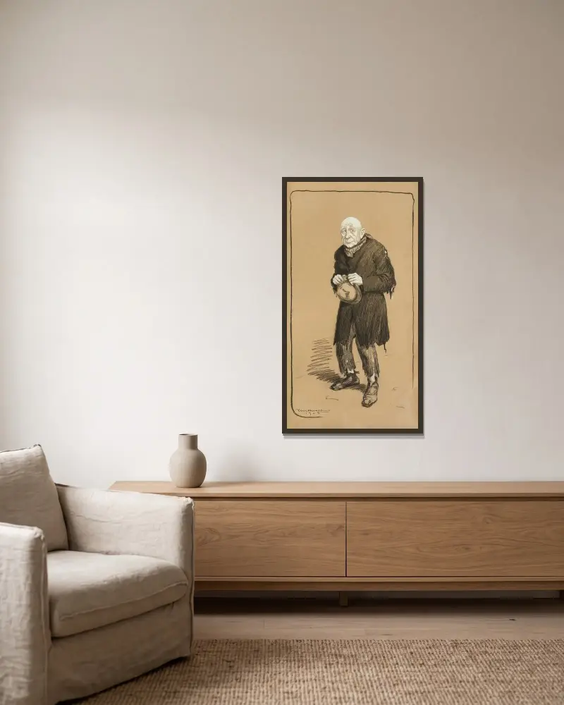 Ein älterer Mann in zerlumpter Kleidung mit dem Hut in der Hand von William Henry Walker gerahmt an einer Wand