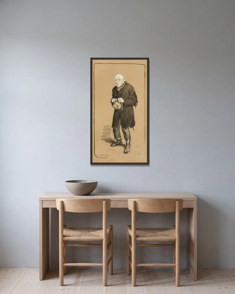 Ein älterer Mann in zerlumpter Kleidung mit dem Hut in der Hand von William Henry Walker gerahmt an einer Wand