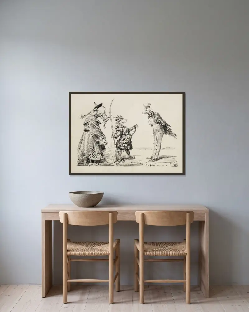 Tiere, die Länder repräsentieren. Die Vereinigten Staaten (Adler) sprechen mit China (Drache) und Japan (Fuchs) von William Henry Walker gerahmt an einer Wand