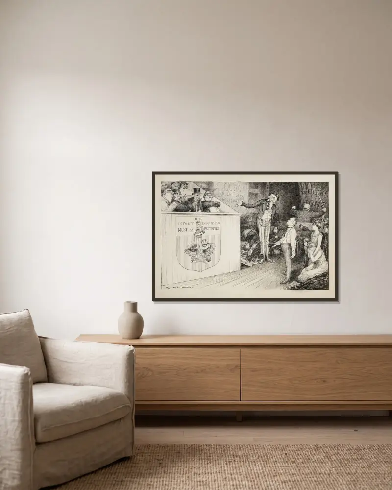 Im US-Zollhaus bittet eine Familie Uncle Sam, während Beamte ihr Hab und Gut durchsuchen von William Henry Walker gerahmt an einer Wand