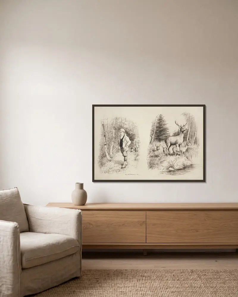 Hirschfamilie am Bach, wachsam von William Henry Walker gerahmt an einer Wand