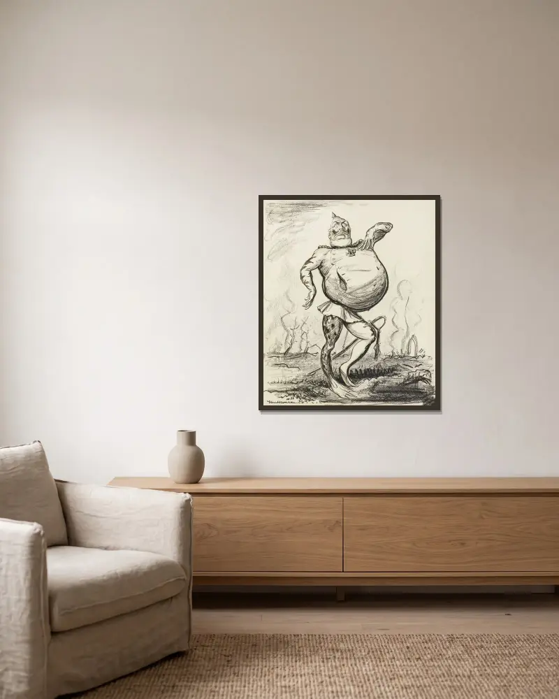 Kaiser Wilhelm II als Frosch mit aufgeblähtem Bauch über einem zerstörten, rauchenden Feld von William Henry Walker gerahmt an einer Wand