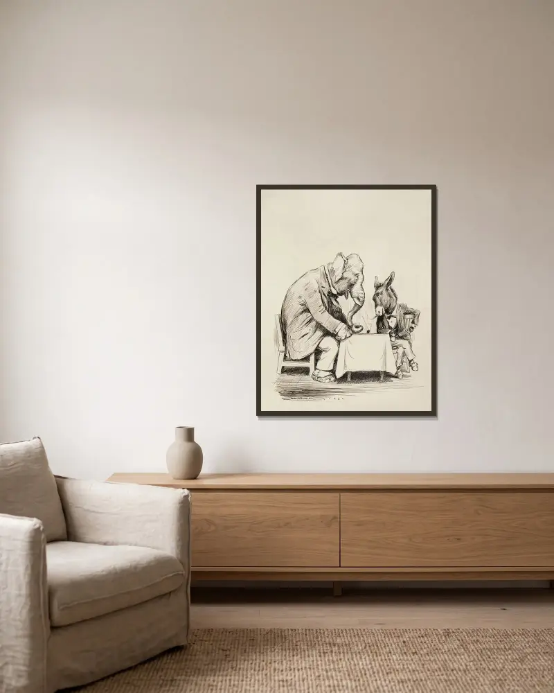 The Republican Party elephant and Democratic Party donkey in suits, sitting together drinking and smoking. av William Henry Walker inramad på en vägg