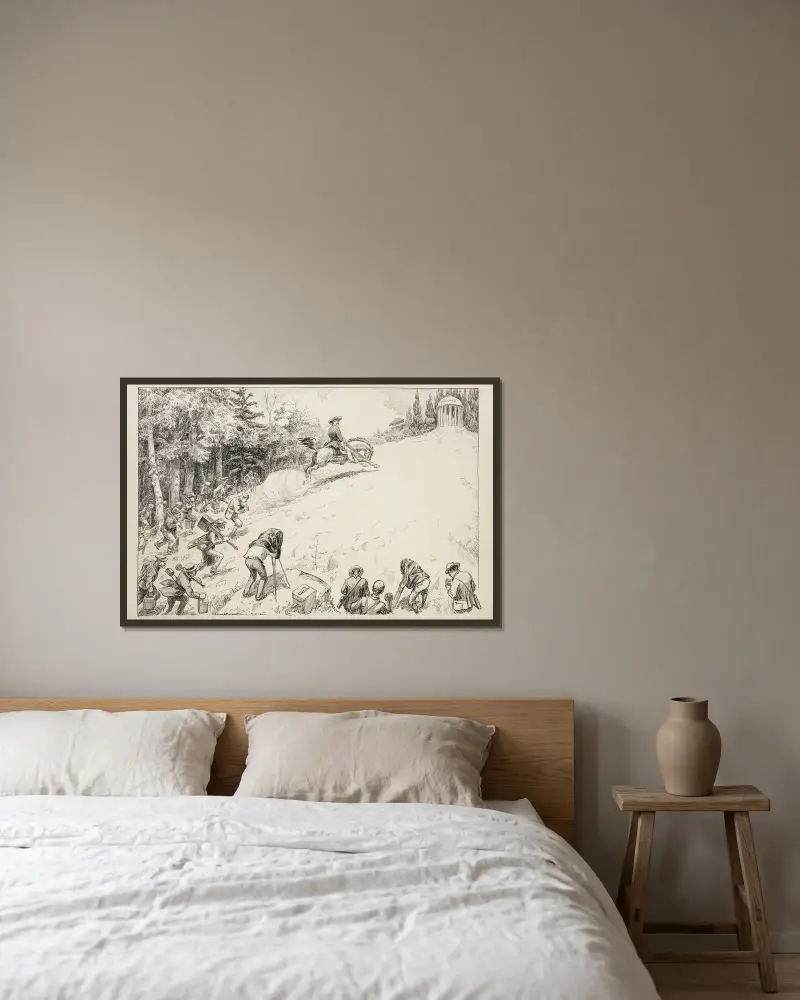 Theodore Roosevelt reitet einen Hügel hinauf zu einem Gebäude, das den Ruhm symbolisiert, gefolgt von einer Gruppe Fotografen statt einer Armee von William Henry Walker gerahmt an einer Wand