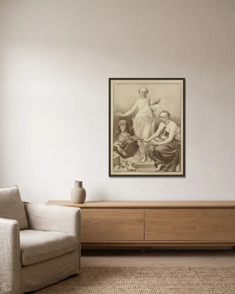 Drei Männer in den Rollen der drei Schicksalsgöttinnen von William Henry Walker gerahmt an einer Wand