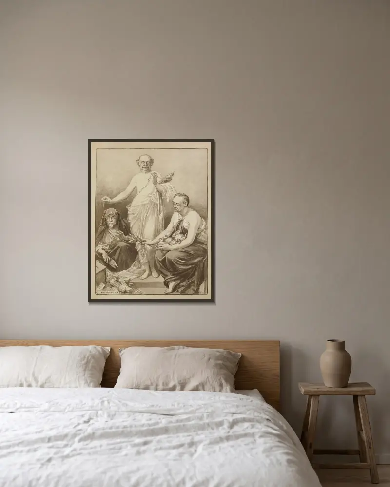 Drei Männer in den Rollen der drei Schicksalsgöttinnen von William Henry Walker gerahmt an einer Wand