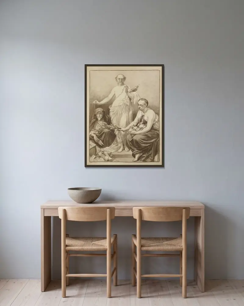 Drei Männer in den Rollen der drei Schicksalsgöttinnen von William Henry Walker gerahmt an einer Wand