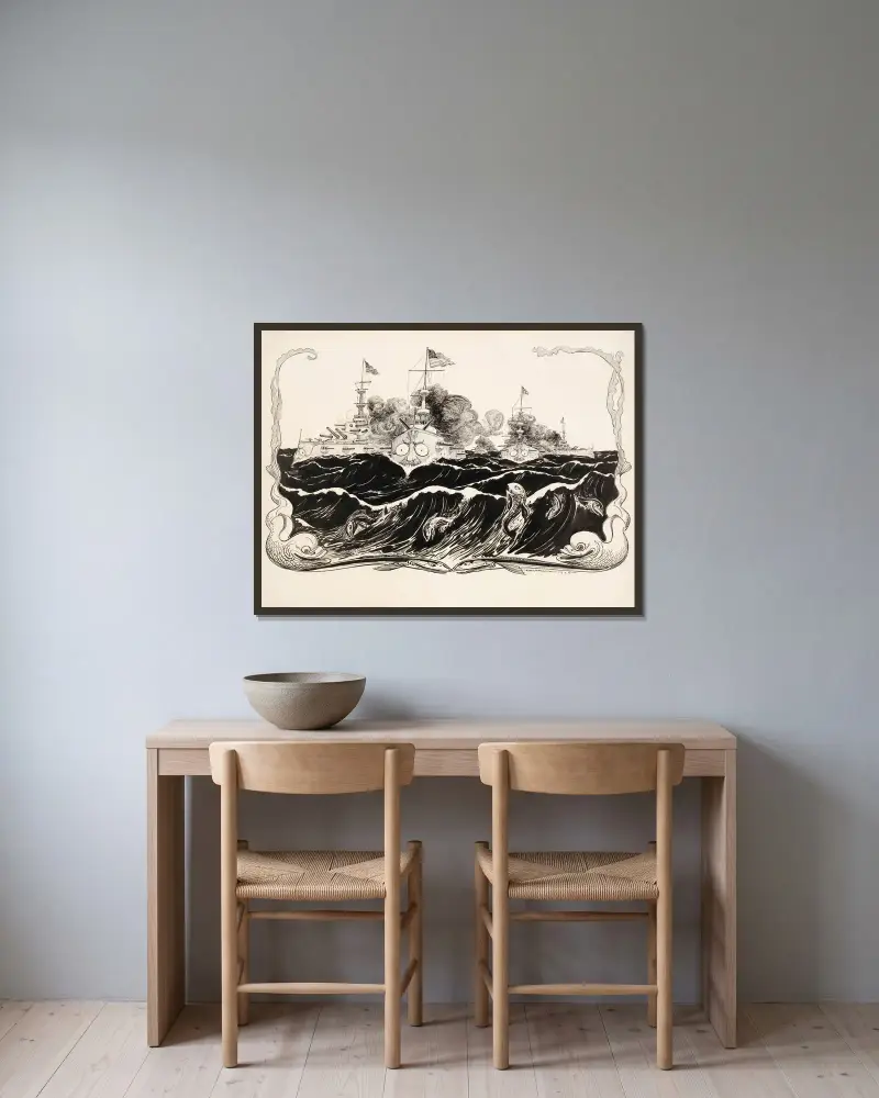 Drei amerikanische Kriegsschiffe in schwerer See von William Henry Walker gerahmt an einer Wand