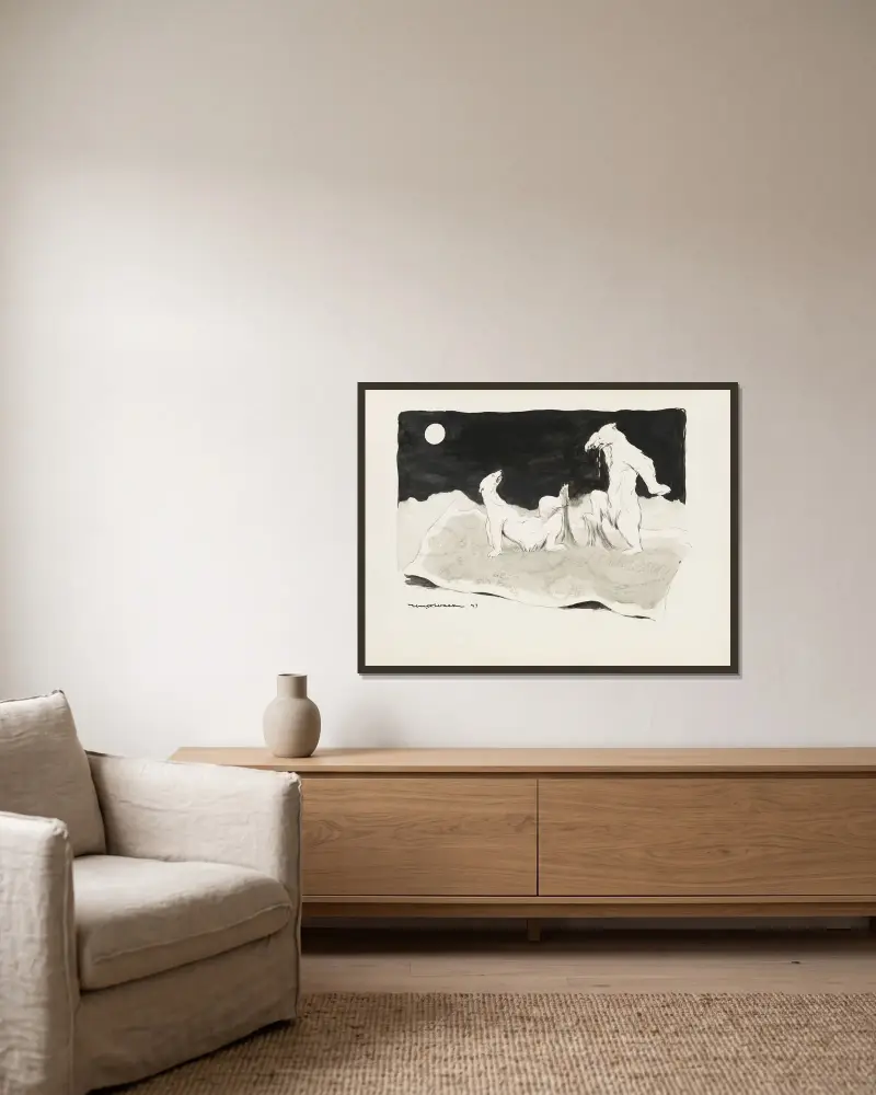 Two polar bears stuck on a giant sheet of fly paper. av William Henry Walker inramad på en vägg