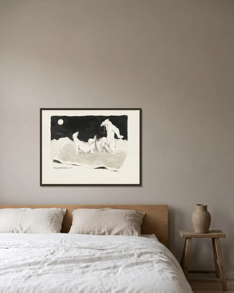 Two polar bears stuck on a giant sheet of fly paper. av William Henry Walker inramad på en vägg
