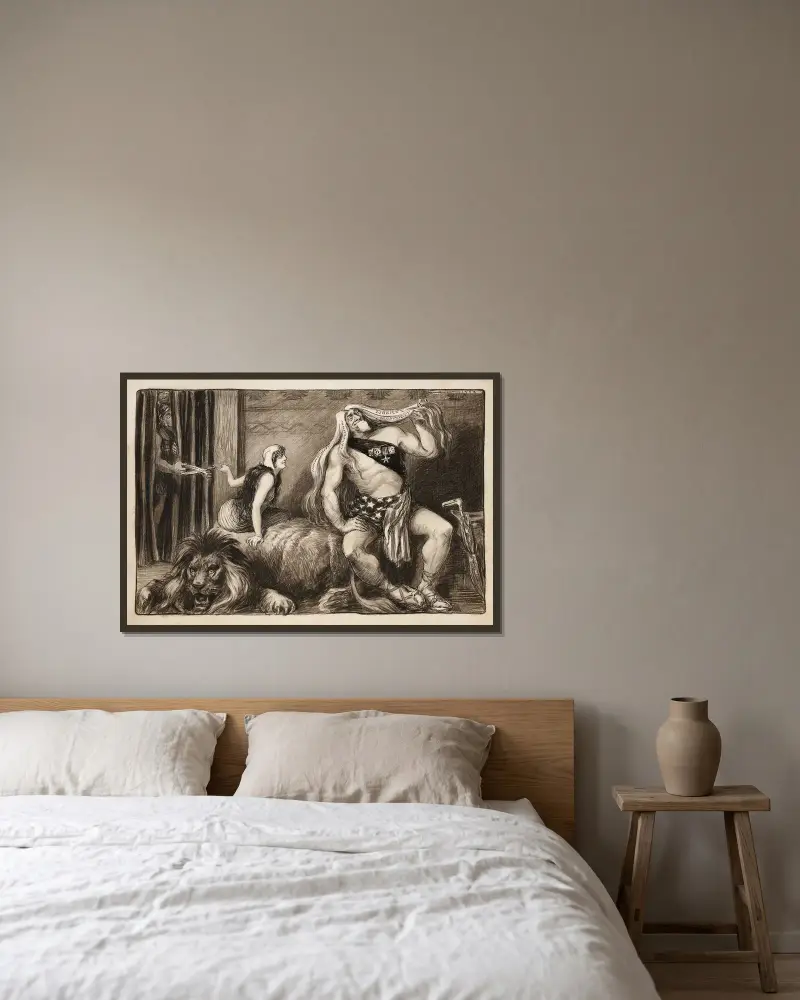 Onkel Sam als Simson, sein langes Haar bewundernd, das Individualität, Wettbewerb, Freiheit und Wohlstand repräsentiert von William Henry Walker gerahmt an einer Wand