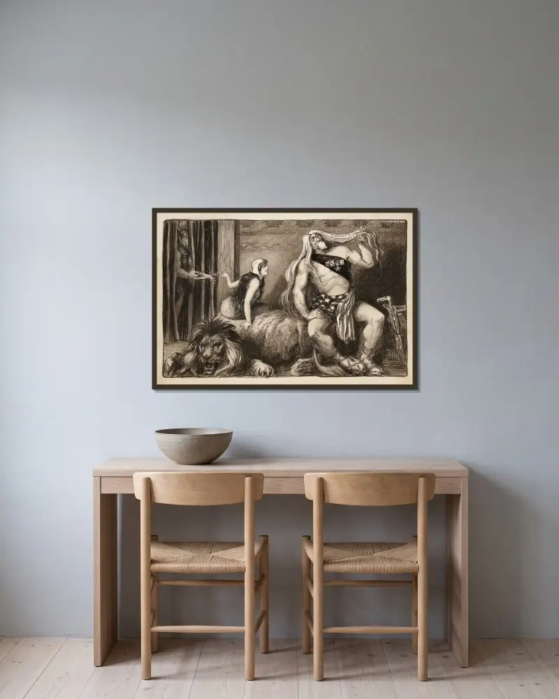 Onkel Sam als Simson, sein langes Haar bewundernd, das Individualität, Wettbewerb, Freiheit und Wohlstand repräsentiert von William Henry Walker gerahmt an einer Wand