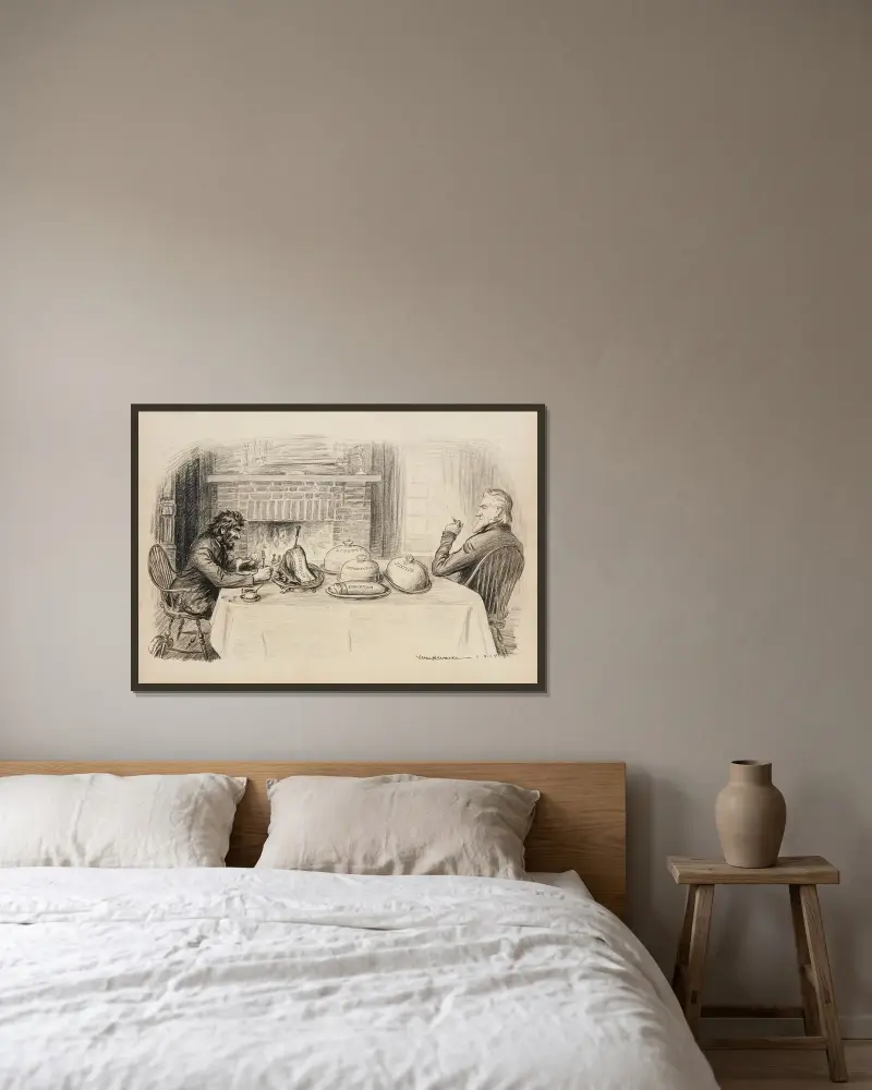 Onkel Sam am Esstisch mit einem Mann, der einen Bolschewisten darstellt von William Henry Walker gerahmt an einer Wand
