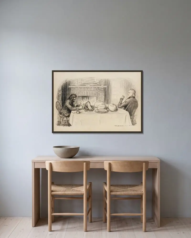 Onkel Sam am Esstisch mit einem Mann, der einen Bolschewisten darstellt von William Henry Walker gerahmt an einer Wand