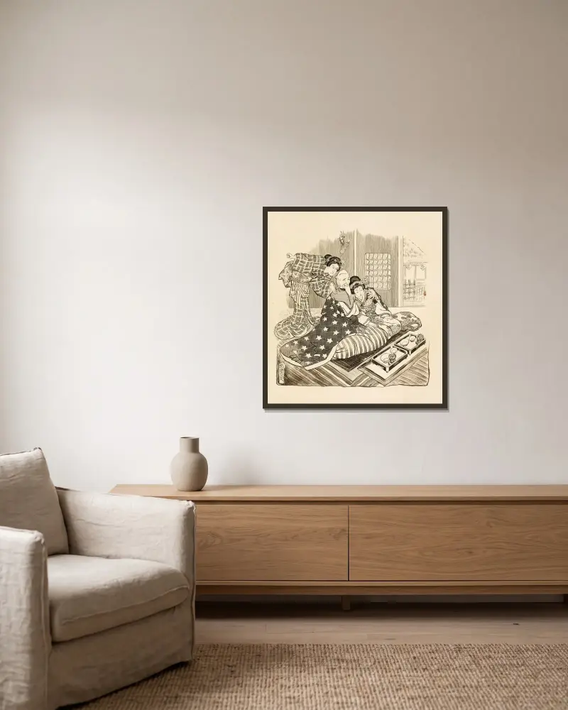 Onkel Sam in Gesellschaft einer jungen japanischen Frau von William Henry Walker gerahmt an einer Wand
