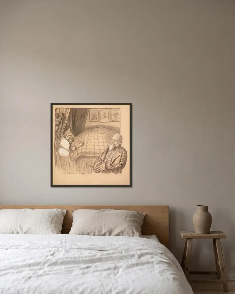 Onkel Sam sitzt lächelnd am Bett eines kranken Mannes, der die Monroedoktrin repräsentiert von William Henry Walker gerahmt an einer Wand