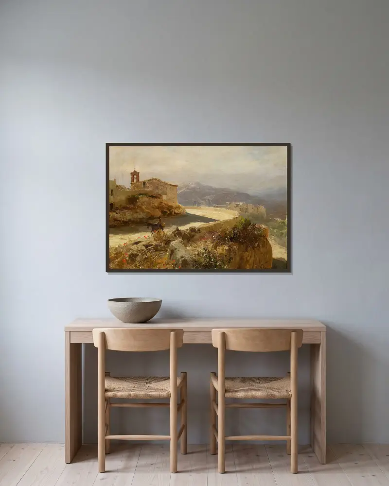 Italian landscape with a donkey av Henryk Siemiradzki inramad på en vägg