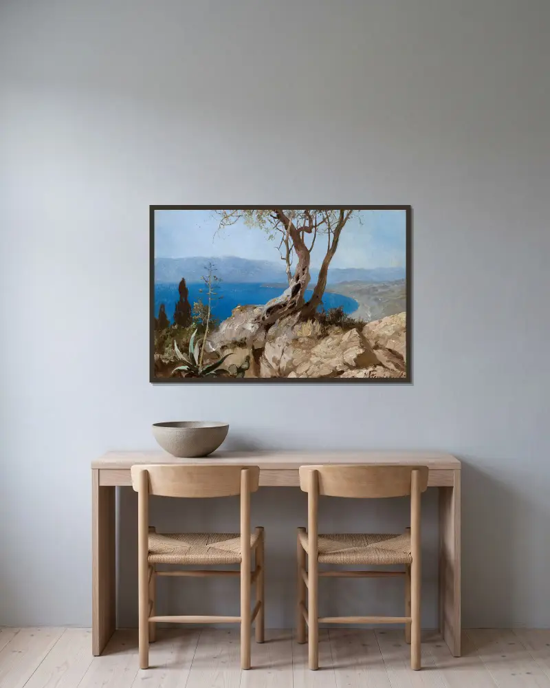 Seeblick mit Felskante von Henryk Siemiradzki gerahmt an einer Wand