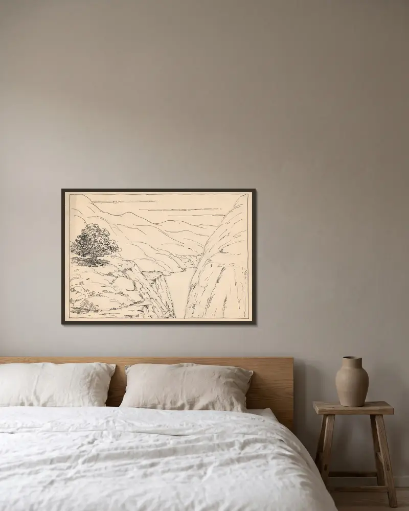 Flusslandschaft mit steilen Klippen von Herbert Crowley gerahmt an einer Wand
