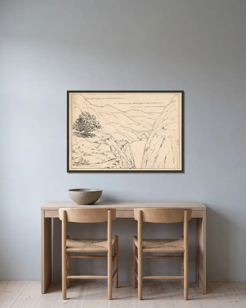 Flusslandschaft mit steilen Klippen von Herbert Crowley gerahmt an einer Wand