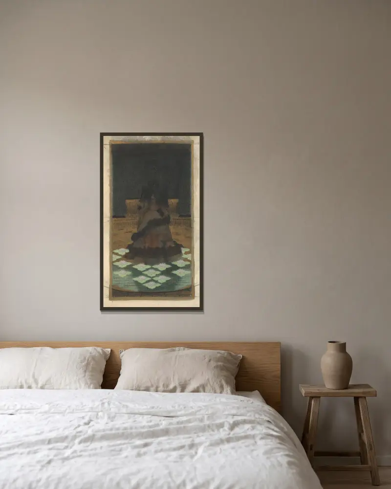 Magisk helig berg inom ett lotustäckt hav av Herbert Crowley inramad på en vägg