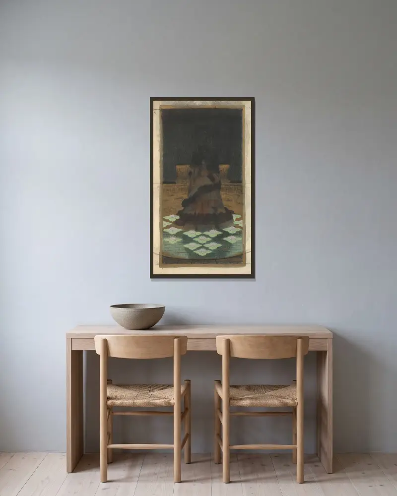 Magisk helig berg inom ett lotustäckt hav av Herbert Crowley inramad på en vägg