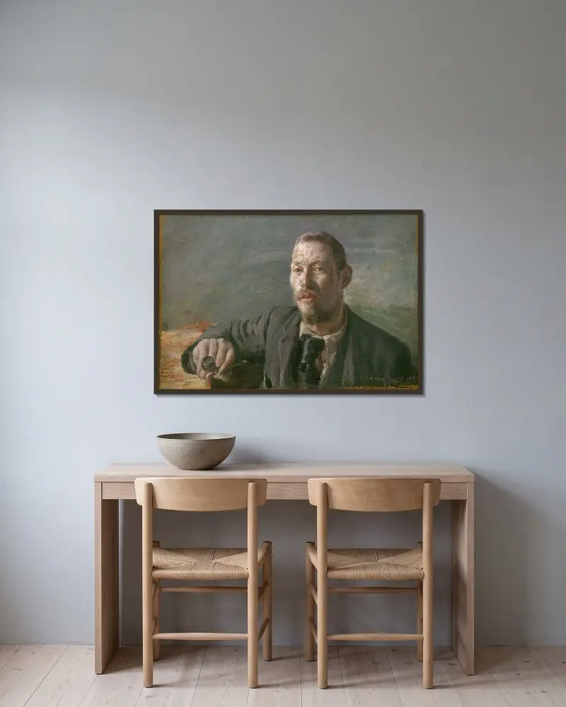 Self-portrait av Herman Norrman inramad på en vägg