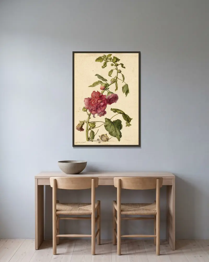 Stockrose von Herman Saftleven gerahmt an einer Wand