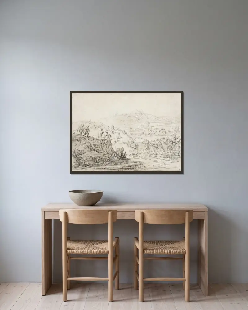 Kuperat landskap med bäck och figurer av Herman Saftleven inramad på en vägg