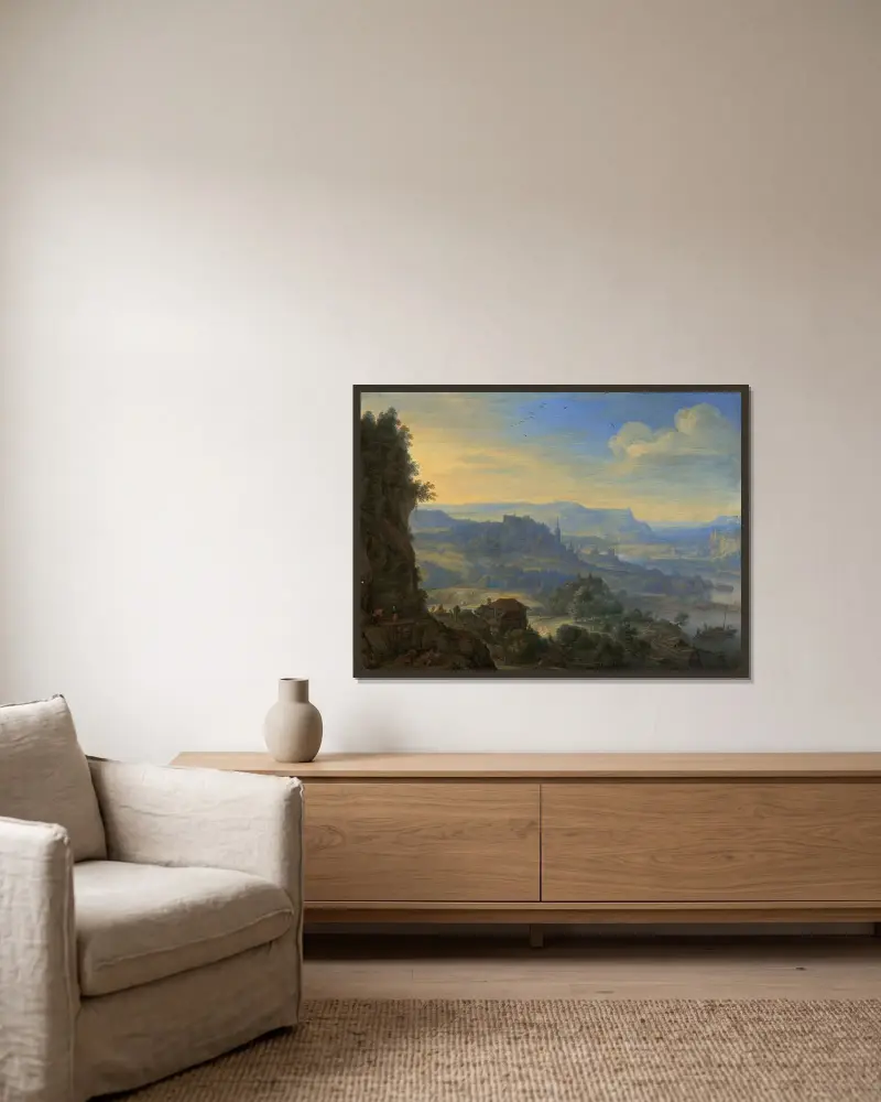 Imaginärt flodlandskap av Herman Saftleven inramad på en vägg
