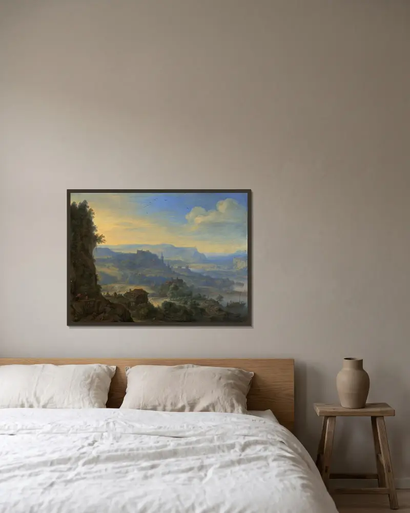 Imaginärt flodlandskap av Herman Saftleven inramad på en vägg