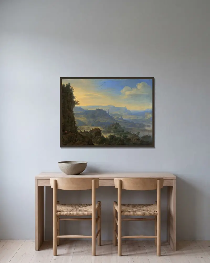 Imaginärt flodlandskap av Herman Saftleven inramad på en vägg
