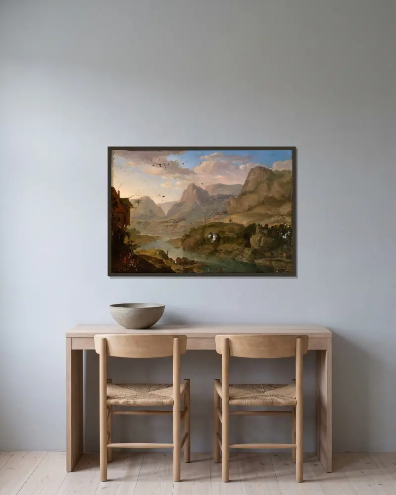 Landskap av Herman Saftleven inramad på en vägg