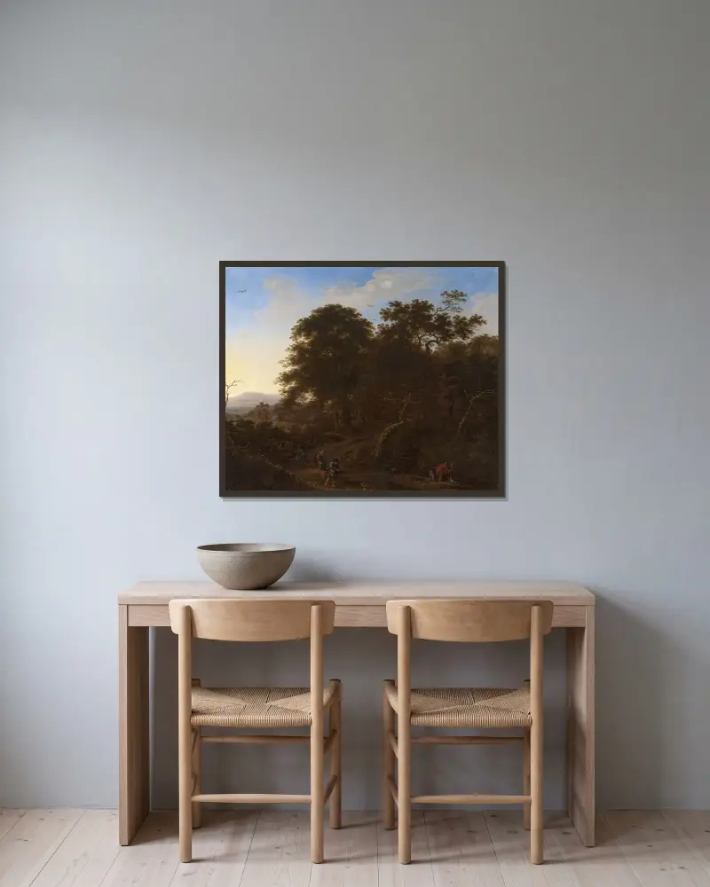Landskap med resenärer av Herman Saftleven inramad på en vägg