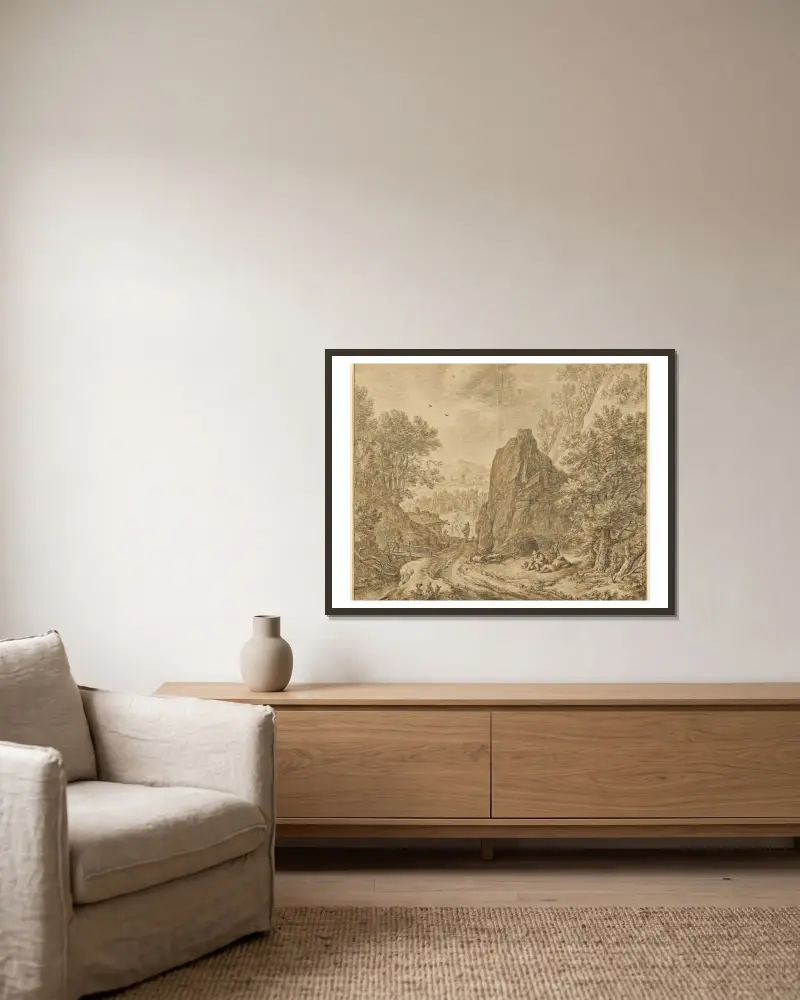 Berglandschaft mit Figuren von Herman Saftleven gerahmt an einer Wand