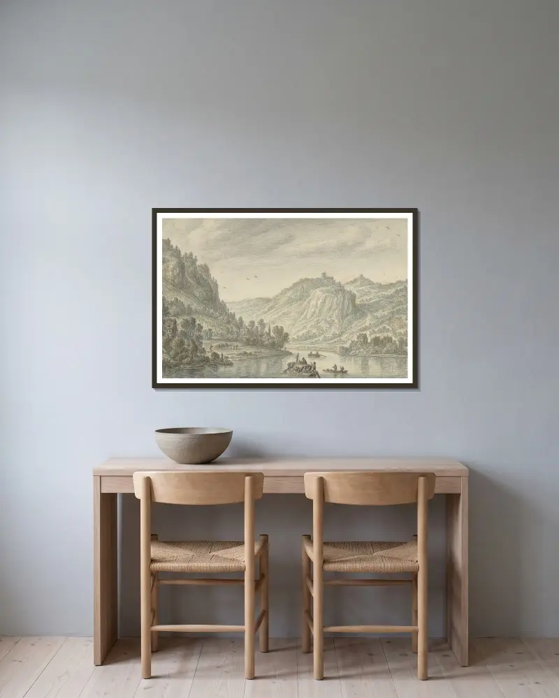 Rijn bij de Drachenfels av Herman Saftleven inramad på en vägg