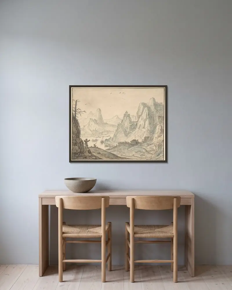 Flodlandskap med berg av Herman Saftleven inramad på en vägg