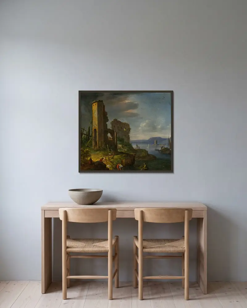 Flodlandskap med ruiner, båtar och figurer av Herman Saftleven inramad på en vägg