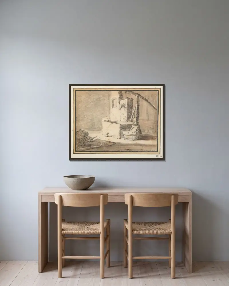Studie av en brunn av Herman Saftleven inramad på en vägg