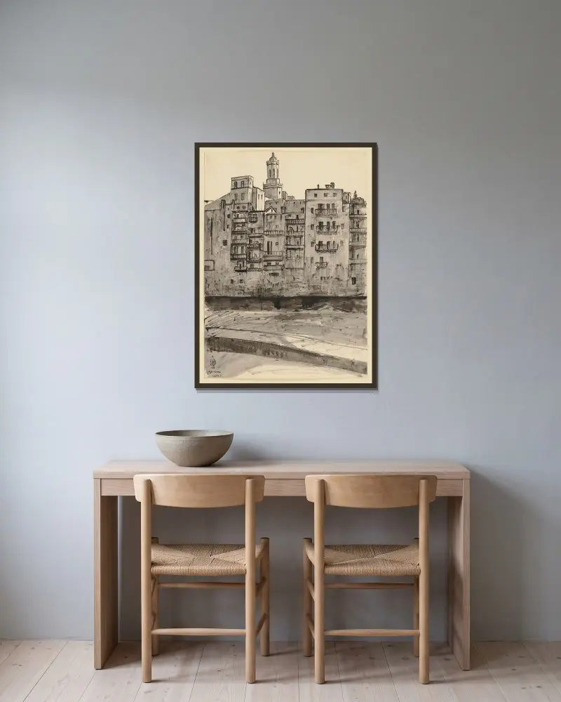 Girona sett från floden, med katedralens torn i bakgrunden av Hermann Lismann inramad på en vägg