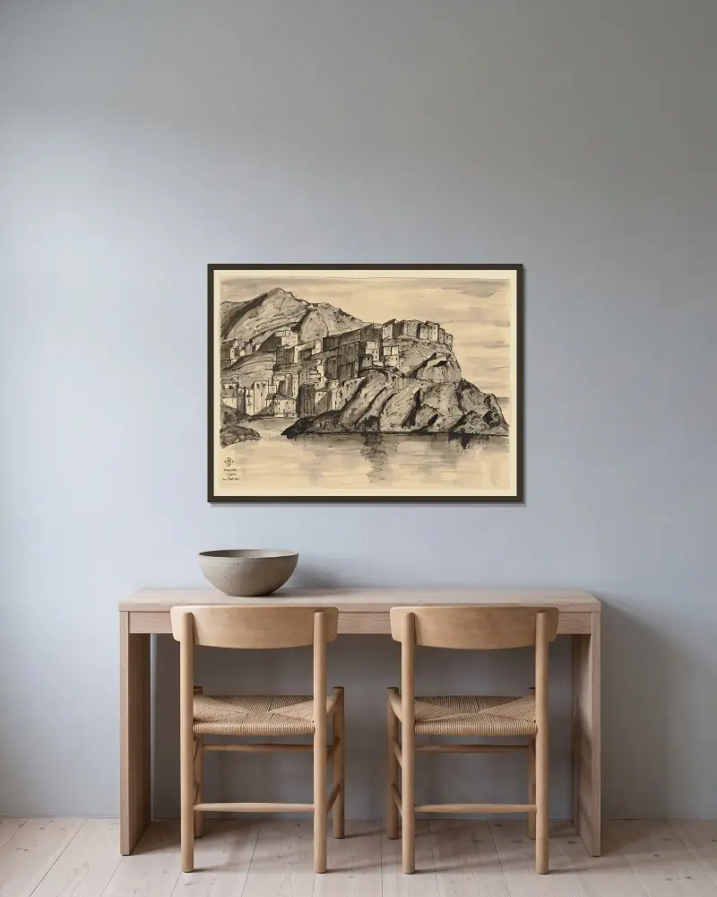 Manarola i Ligurien sedd från båt av Hermann Lismann inramad på en vägg