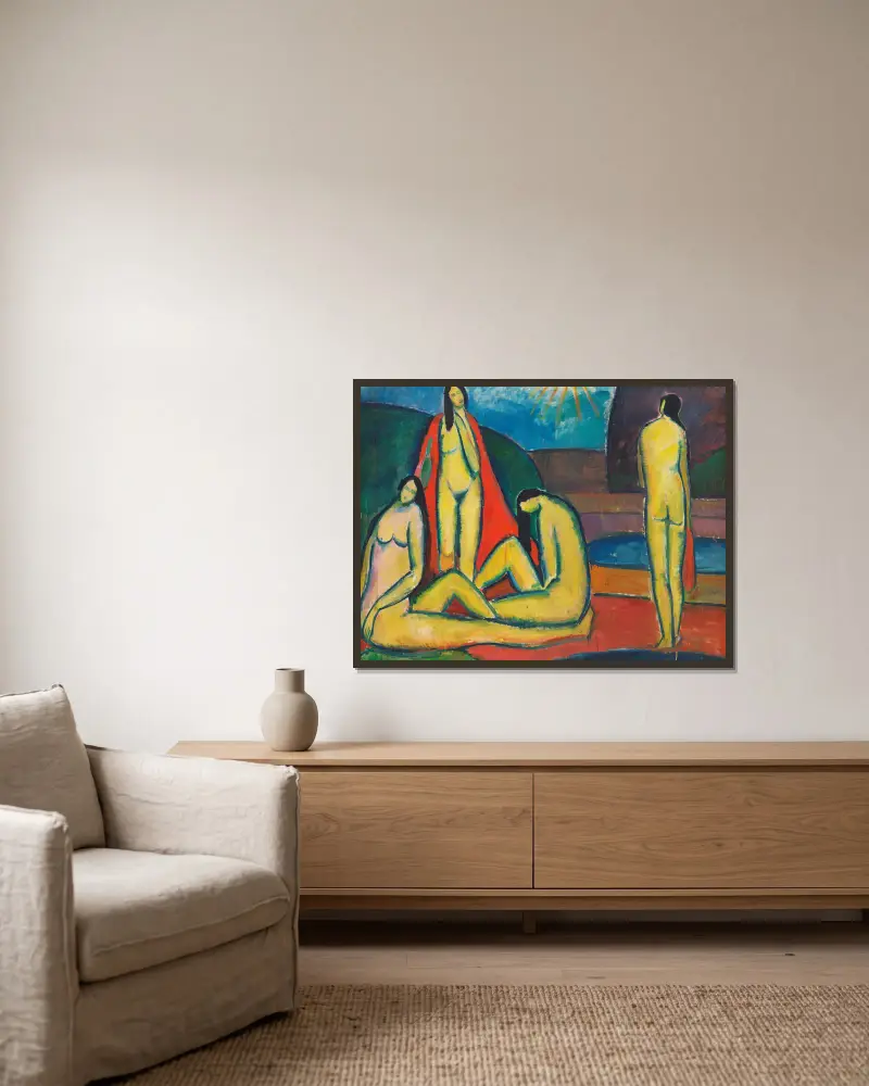 Badende Frauen von Hermann Stenner gerahmt an einer Wand