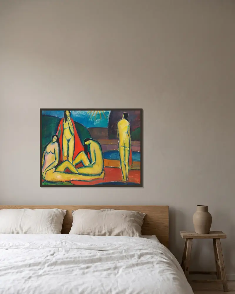 Badende Frauen von Hermann Stenner gerahmt an einer Wand