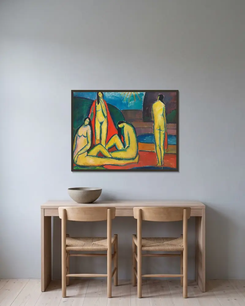 Badende Frauen von Hermann Stenner gerahmt an einer Wand