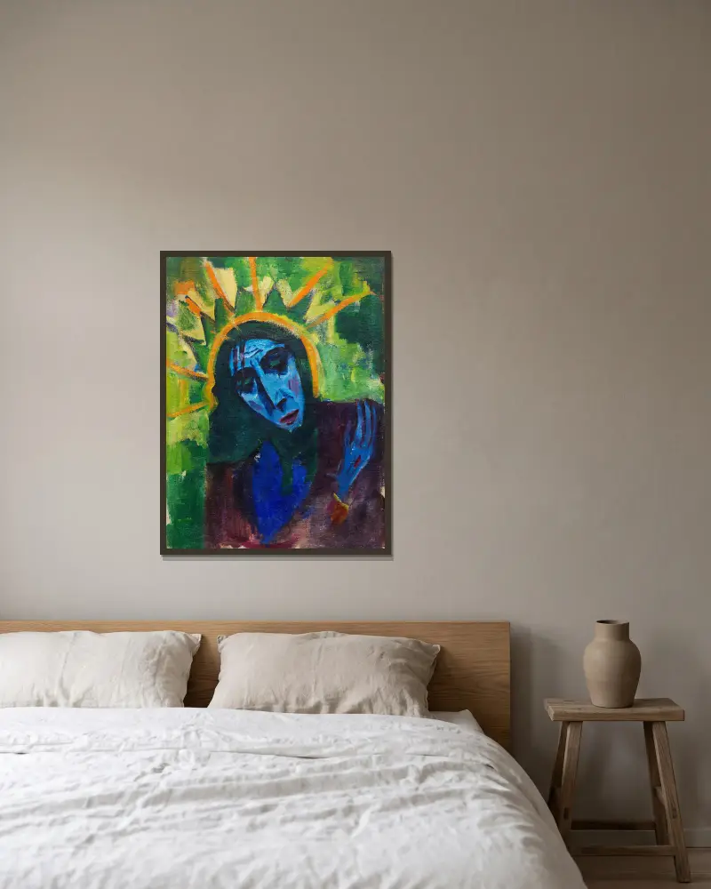 Christuskopf von Hermann Stenner gerahmt an einer Wand