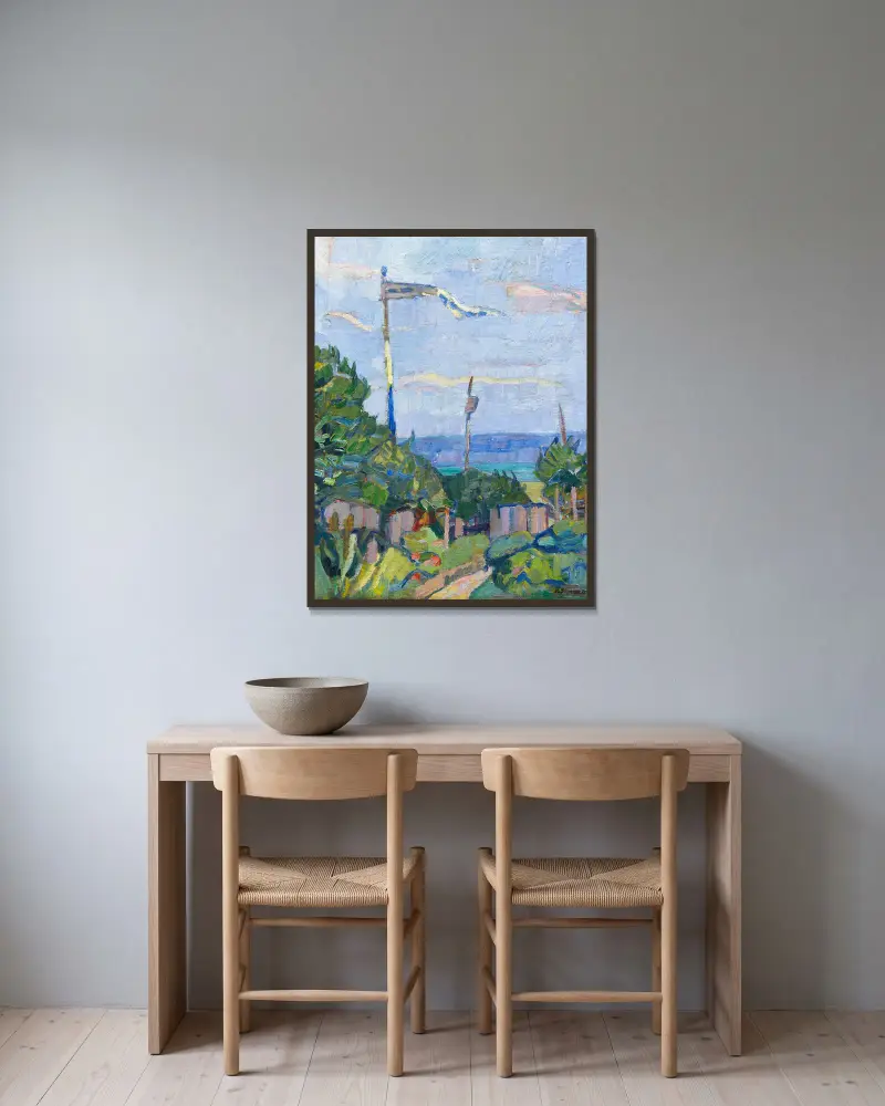 Garten mit Fahne von Hermann Stenner gerahmt an einer Wand