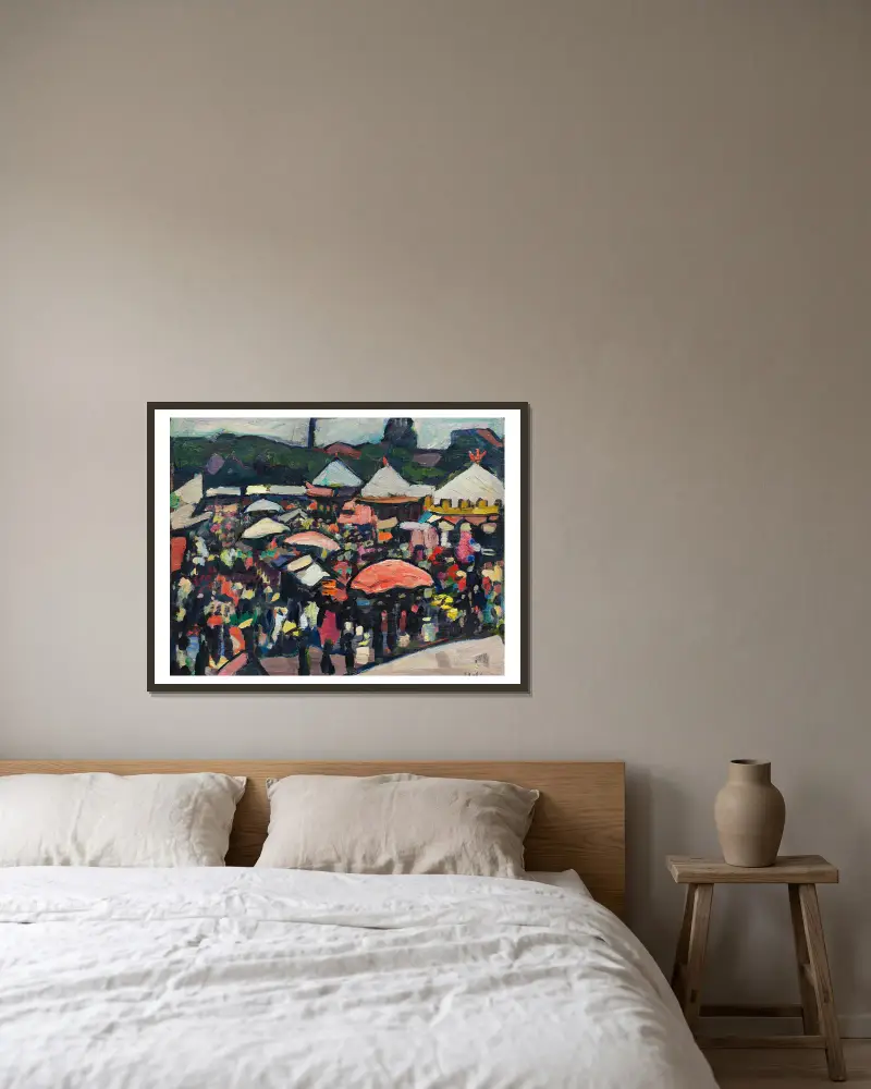 Jahrmarkt am Kesselbrink in Bielefeld von Hermann Stenner gerahmt an einer Wand