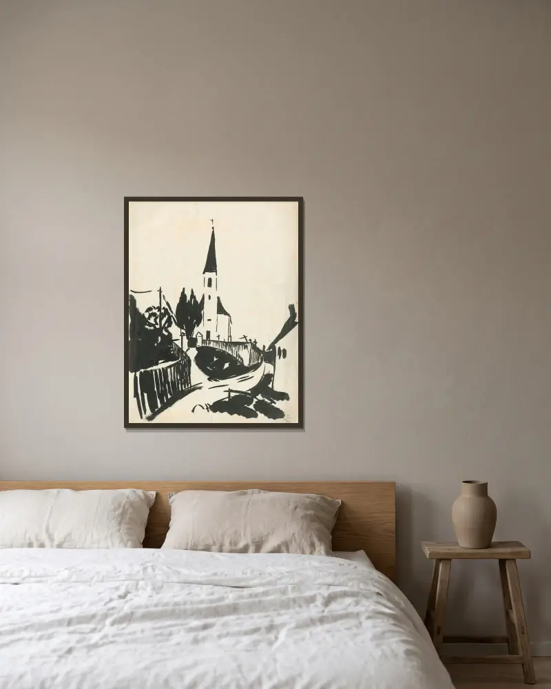 Kyrka av Hermann Stenner inramad på en vägg