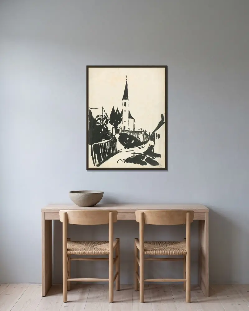 Kyrka av Hermann Stenner inramad på en vägg